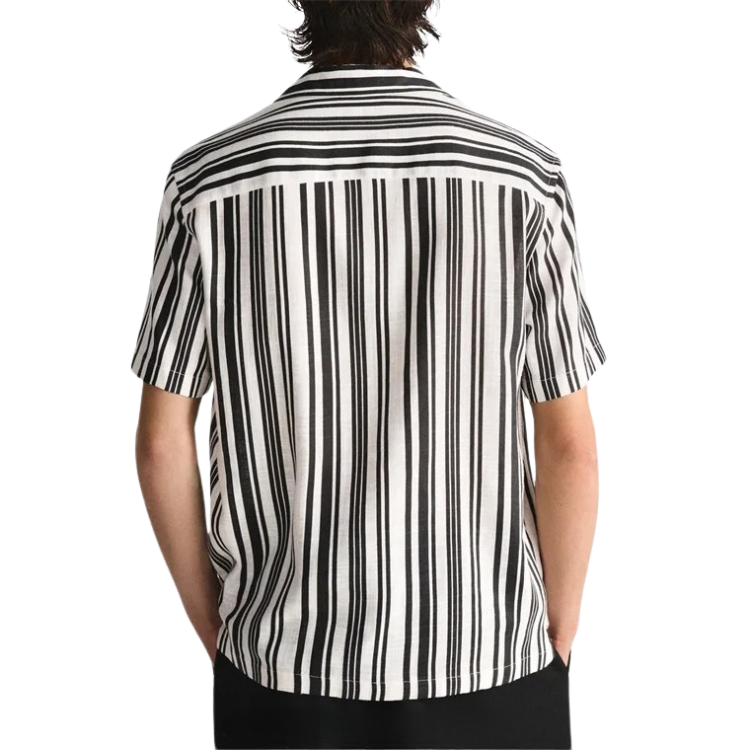 Camisa Masculina em Linho Listrada Luzatti LZ359, tecido respirável, secagem rápida, modelagem casual e colarinho acampamento para um visual moderno.