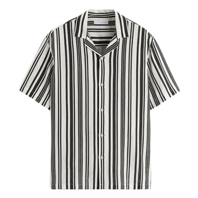 Camisa Masculina em Linho Listrada Luzatti LZ359, tecido respirável, secagem rápida, modelagem casual e colarinho acampamento para um visual moderno.